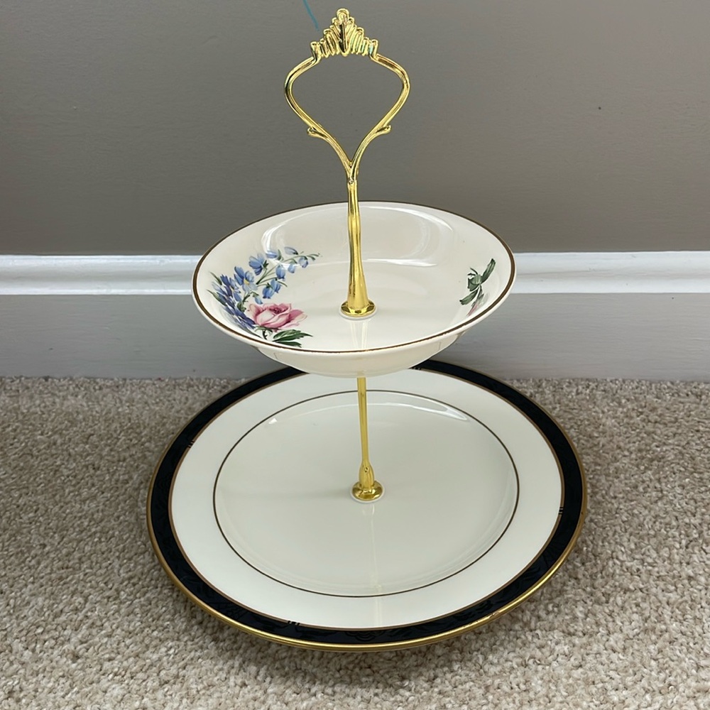 Two Tiered Jewelry Tidbit Cheese Tray Vintage CAMWOOD Ivory 22 Carat Gold Bowl